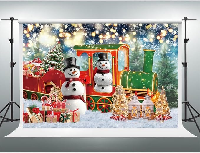 YongFoto Merry Christmas Backdrop 7x5ft Snow Scene Train Snowman Christmas Tree Gift Photography Background Happy New Year Xmas Eve Family Party Banner Room Decor Photoshoot Wallpaper Photo Booth