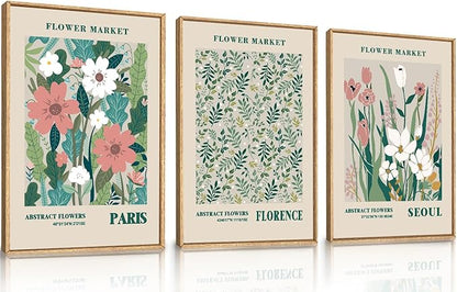 HLNIUC Flower Market Wall Art Prints, Boho Floral Wall Decor, Large Matisse Sage Green 24"x36" Framed Art Set of 3, Abstract Colorful Botanical Painting for Living Room, Bedroom, Office