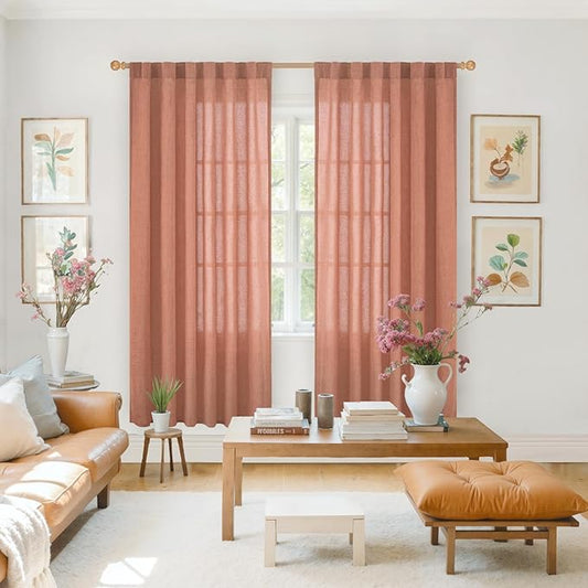 YoungsTex Terracotta Linen Curtains 78 Inch Length for Living Room, Burnt Orange Semi Sheer Drapes with Rod Pocket Back Tab Light Filtering for Bedroom Window, 2 Panels, 52 X 78 Inch
