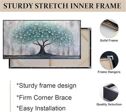 Teal Blue Tree of Life Canvas Wall Art for Living Room, Hand Painted Modern Abstract Textured Painting, Large Framed Panoramic Landscape wall art for Living Room, Bedroom, Office, Home Decor 48"x24"