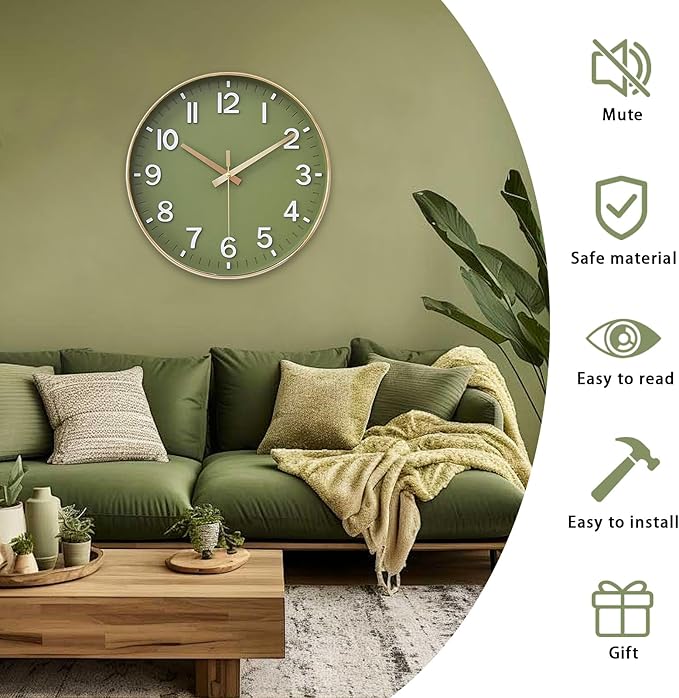 HZDHCLH Wall Clocks Battery Operated,Wall Clock Green Gold,10 inch Wall Clock Silent Non Ticking Modern 3D Numbers for Kitchen Bedroom Living Room Office Classroom Decor