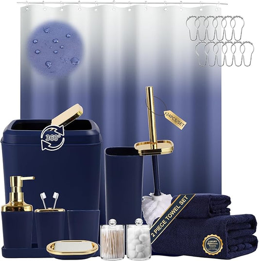 Navy Blue Bathroom Accessories, 24 Pieces Blue and Gold Bathroom Accessories Set with Shower Curtain, Bath Towels, Trash Can, Soap Dispenser and Soap Dish for Bathroom/Housewarming