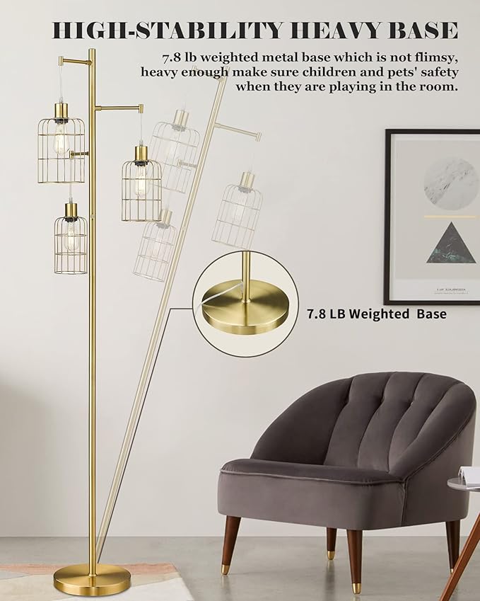 ELYONA Modern Dimmable Floor Lamp for Living Room, Gold Tree Standing Light with 3 Metal Cage Shades, Industrial 71” Tall Pole Floor Lamps for Bedroom Reading, Office, LED Edison Bulbs Included
