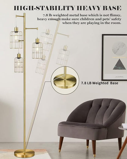 ELYONA Modern Dimmable Floor Lamp for Living Room, Gold Tree Standing Light with 3 Metal Cage Shades, Industrial 71” Tall Pole Floor Lamps for Bedroom Reading, Office, LED Edison Bulbs Included