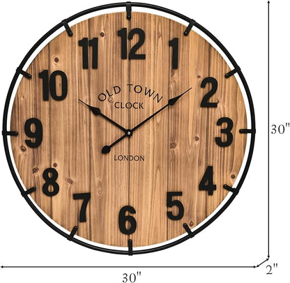 30 Inch Farmhouse Wall Clock Large Old Town Vintage Rustic Wooden Clock with Metal Rim and Large Numerals, Silent Battery-Operated for Office, Kitchen, Bedroom, and Living Room