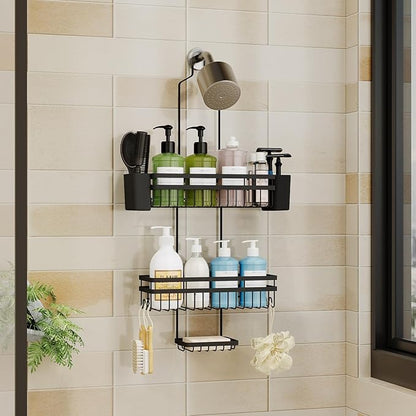 Shower Caddy Hanging for Bathroom Organizers and Storage, Adjustable Anti-Swing Shower Organizer for Wall-Mounted Showerhead with Heavy-Duty Suction Cups, Damage-Free Rustproof (Black)