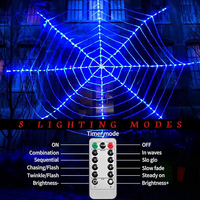 184 LED Halloween Spider Web Lights Decor, 3.6 m Giant Round Net Lights with Remote Control (8 Modes & Timer), Net Light Decoration for Window Garden Indoor Outdoor - Blue