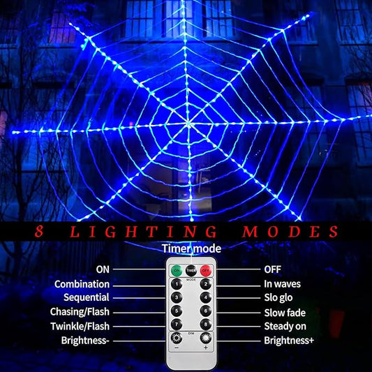 184 LED Halloween Spider Web Lights Decor, 3.6 m Giant Round Net Lights with Remote Control (8 Modes & Timer), Net Light Decoration for Window Garden Indoor Outdoor - Blue