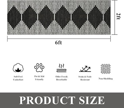 HelloTree Hallway Runner Rug，2x6 Moroccan Modern Stripe Carpet Washable Machine Bathroom Runner Bohemian Design Modern Soft Non Slip Indoor Rug for Entryway Hallway Laundry Room Bedroom-Black