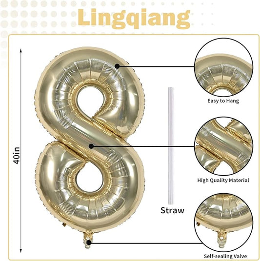 Champagne Gold 8 Balloons, 40" Giant Helium Foil Number 0-9 Light Gold Birthday Balloon for Boys Girls, Self Inflating Digit 8 Balloons for Women Men Anniversary Graduation Party Decorations Supplies