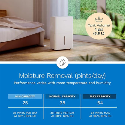 hOmeLabs 25 Pint Wi-Fi Dehumidifier for up to 3,500 Sq Ft Rooms (MAX 64 Pint at 95°F, 90% RH) – High-Efficiency Moisture Removal for Medium to Large Spaces with Auto Shut-Off and Quiet Operation