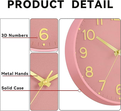 Silent Wall Clocks Battery Operated 10 Inch-Modern Non Ticking Analog Clock Decorative for Kitchen Office Bathroom Bedroom(Pink Gold)