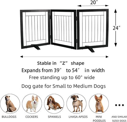 ZJSF Freestanding Dog Gate Indoor, Foldable Dog Fence for Doorways,Hallways or Stairs, Sturdy Wood Extra Wide Pet Gate with Support Feet,Black,24 "Height-3 Panels