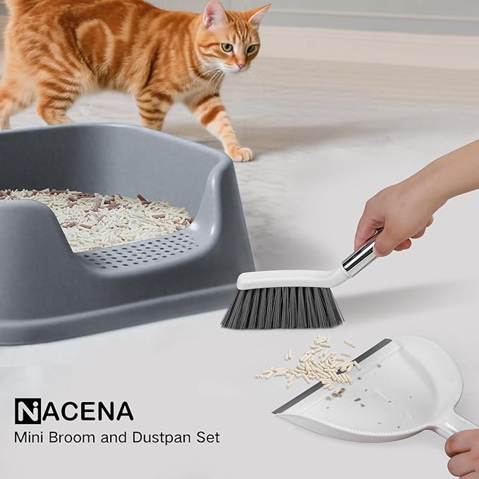 NACENA Mini Broom and Dustpan Set, Small Dust Pan and Brush Set with Handle Dustpan Teeth for Cleaning Hair Suitable for Office Desks Drawers Sofas Pet Care Outdoor Camping, White & Gray