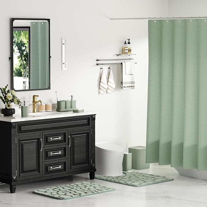 Bathroom Accessories Set - 25PC Sage Bathroom Set, Bathroom Set with Shower Curtain and Rugs, Sage Green Shower Curtain Set, Bathroom Accessory Set, Trash Can & Soap Dispenser
