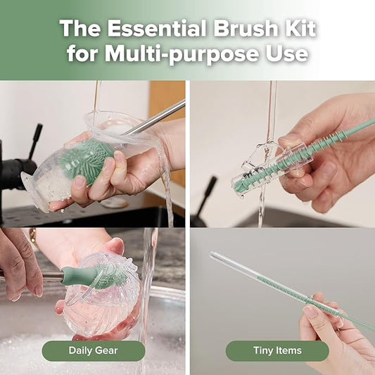 haakaa Silicone Cleaning Brush Kit - Baby Bottle Brush Cleaner for Breast Pump,Nipple,Breast Milk Storage Bag,Reusable Straw,Sippy Cup - Food Grade Silicone Bristles, Portable - 3 Pcs - Pea Green