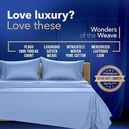 TEXAS LINEN CO. Luxury Egyptian Cotton Split Sheet Set - 1000 Thread Count 5 PC Cotton Sheets for Adjustable Bed, Soft, Cooling Extra Long Staple Sateen Sheets - Fits Upto 18” Deep Pocket - Deep Blue