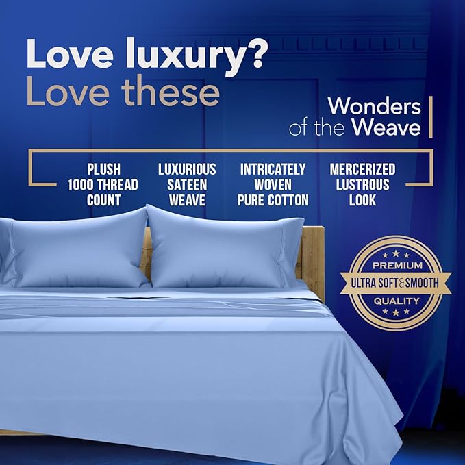 TEXAS LINEN CO. 100% Egyptian Cotton Sheets Twin XL Size - 1000 Thread Count 3 PC Twin XL Sheet Sets Cotton, College Dorm Sheets Twin XL Set, 16" Deep Pocket Luxury Cooling Bed Sheets - Deep Blue