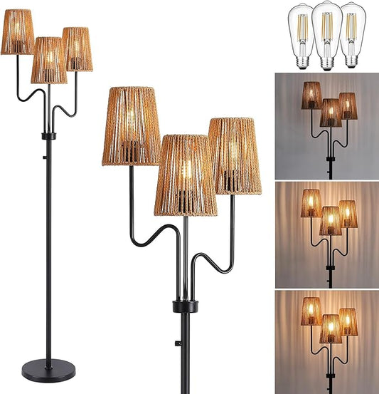 9MMML Farmhouse Boho Dimmable Floor Lamp with Rattan Shade, 68'' Tall Floor Standing Lamp, 3-Light Floor Lamp for Living Room, Bedroom, Office, Corner, 3 x E26 LED Bulb Included