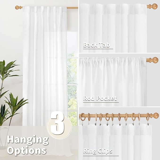 YoungsTex White Linen Kitchen Window Curtains for Over Sink - Short Half Drapes Semi Sheer with Back Tab Light Filtering for Cafe Bathroom Window, 2 Panels, 30 X 40 Inch