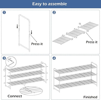 KEETDY 3-Tier Long Shoe Rack for Closet Metal Shoe Organizer for Entryway, Wide Stackable Shoe Storage Shelf with Sturdy Wire Grid for Closet Floor, Bedroom, Grey…