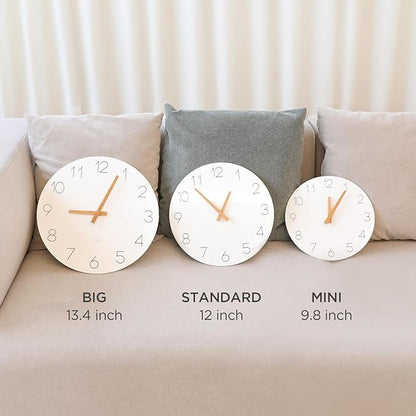 mooas Flatwood Wall Clock (Wood Big),13" Non-Ticking Sweep Movement Decorative Battery Operated Wooden Wall Clock for Home Living Room Kitchen Bedroom Office School