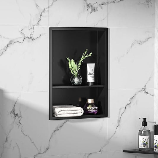 Stainless Steel Shower Niche 18" X 12" Matte Black No Tile Needed Niche for Shower Wall with Two-Tier Shelves Recessed Wall Niches for Bathroom Storage Over Mount Installation