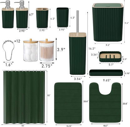 Bathroom Accessories Set - 25PC Green Bathroom Set, Bathroom Set with Shower Curtain and Rugs, Green Shower Curtain Set, Toilet Brush, Bathroom Trash Can