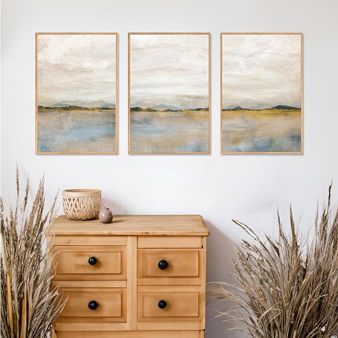 HLNIUC Large Abstract 3 Piece Wall Art 16x24, Neutral Distant Mountain Wall Decor, Watercolor Beige Dusty Nature Landscape Painting, Modern Pastel Scenery Art Prints for Living Room, Bedroom, Office