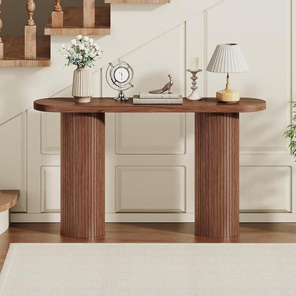 55 Inch Console Table, Fluted Entryway Table, Mid-Century Modern Sofa Table Behind The Couch, Hallway Tables, Curved Sofa Stand for Hallway, Living Room, Foyer Walnut