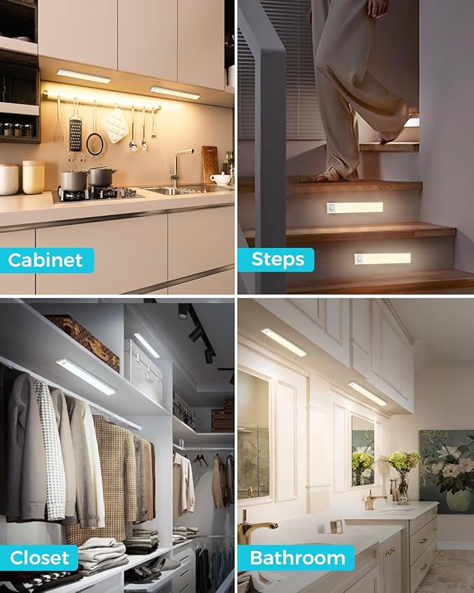 libtit 6Pack LED Under Cabinet Lighting USB Rechargeable, Motion Sensor Light Indoor Battery Operated, Wireless Magnetic Closets Lights for Wardrobe Stair Kitchen Pantry-23cm