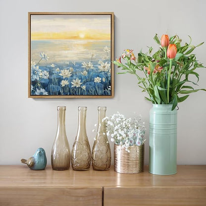 amatop Bathroom Decor Wall Art Framed Canvas Wall Art Modern Beach Coastal Floral Sunset Boho Ocean Artwork Blue Yellow Lotus Flower Zen Wall Picture for Bedroom Kitchen Office Small
