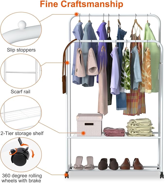 Double Rods Clothes Rack, Rolling Clothing Rack for Hanging Clothes, Sturdy Metal Wardrobe Rack Garment Rack, Closet Organizer with Storage Shelf for Clothes Shoes Organization (White)