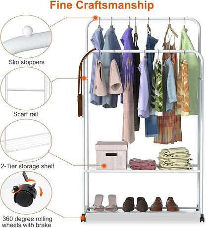 Double Rods Clothes Rack, Rolling Clothing Rack for Hanging Clothes, Sturdy Metal Wardrobe Rack Garment Rack, Closet Organizer with Storage Shelf for Clothes Shoes Organization (White)