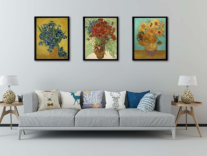 Black Framed Sunflowers- Irises Flower Vase Vincent Van Gogh Art Reproduction, Giclee Canvas Prints Wall Art for Home Decor 12"x16"