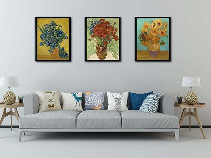 Black Framed Sunflowers- Irises Flower Vase Vincent Van Gogh Art Reproduction, Giclee Canvas Prints Wall Art for Home Decor 12"x16"