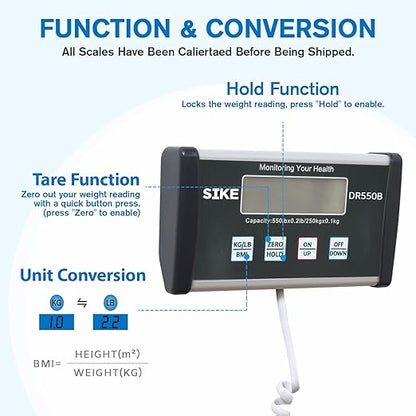 SIKE Digital Physician BMI Scale, Medical Floor Scale for Body Weight, 550 lb Limit Professional Weight Scale, Portable Easy to Read Digital Display, Heavy Duty, 12.5" x 12" Platform