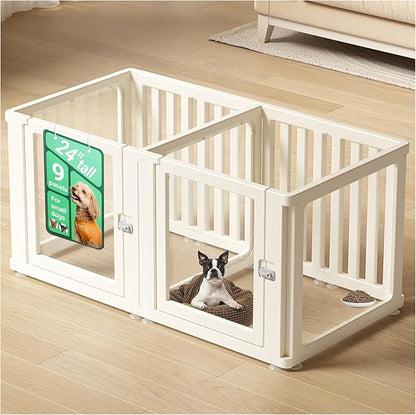 Transparent 9-Panel Dog Playpen, Acrylic Indoor/Outdoor Puppy Pen for Small & Medium Dogs, 24 Inch with Door, White(Ventilated Design 50 * 26 Two Rooms,24 inch)