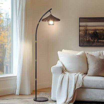beaysyty Bamboo Floor lamp Mid Century Rattan Retro Floor lamp Bohemian,Arc Floor Lamps for Living Room Tall Reading Lamps Antique Rattan Style for Bedroom Dining Room Farmhouse Study (Purple)