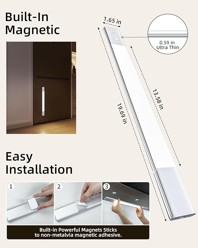 EZVALO Under Cabinet Lighting, Motion Sensor Closet Lights with 3 Extra Batteries, 76 LEDs Dimmable Eye-Caring Rechargeable LED Lights, 3 Color Temps, Under Counter Lights for Kitchen, Wardrobe