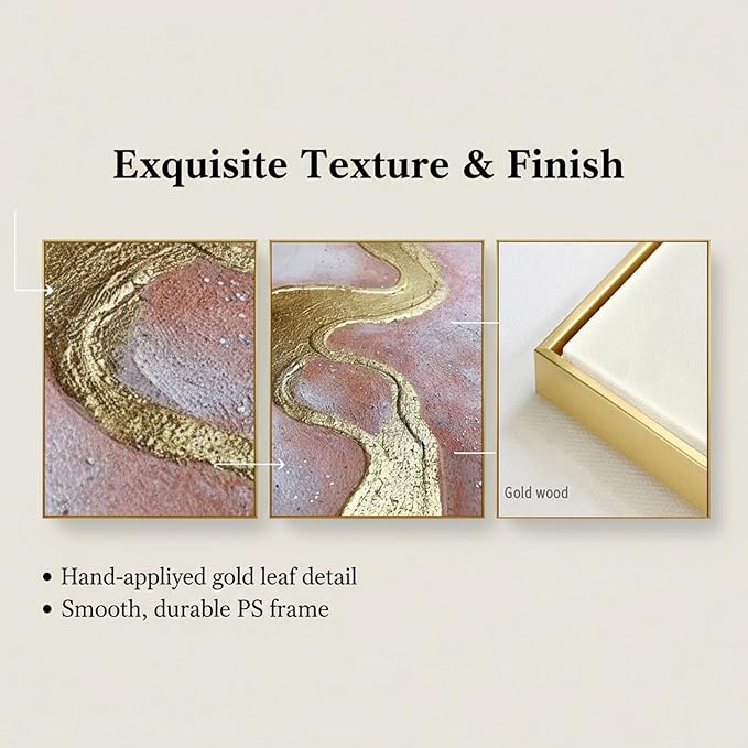 Pink Abstract Canvas Wall Art For Living Room, Large Gold Abstract Painting Water Flow Shape For Bedroom, Framed Modern Wall Pictures for Home Decor Ready to Hang 28x60 inches