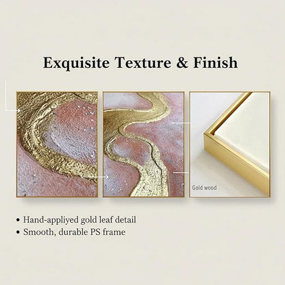 Pink Abstract Canvas Wall Art For Living Room, Large Gold Abstract Painting Water Flow Shape For Bedroom, Framed Modern Wall Pictures for Home Decor Ready to Hang 28x60 inches