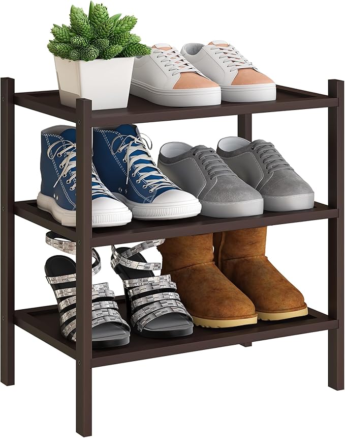 BMOSU 3-Tier Bamboo Small Shoe Rack Premium Stackable Shoe Shelf Storage Organizer for Hallway Closet Living Room Entryway Organizer(Brown)