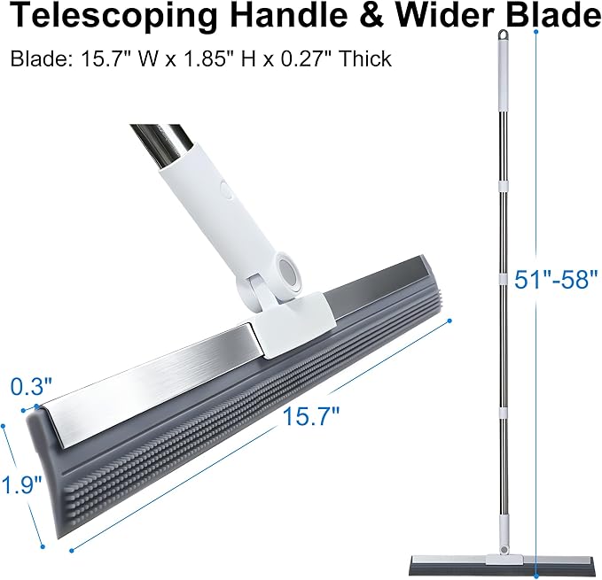 Multi-Function Air Broom for Water & Pet Hair Removal, Floor Squeegee for Tile, Hardwood & Under-Furniture Cleaning with 51″-58″ Telescoping Handle & 180° Rotating Head