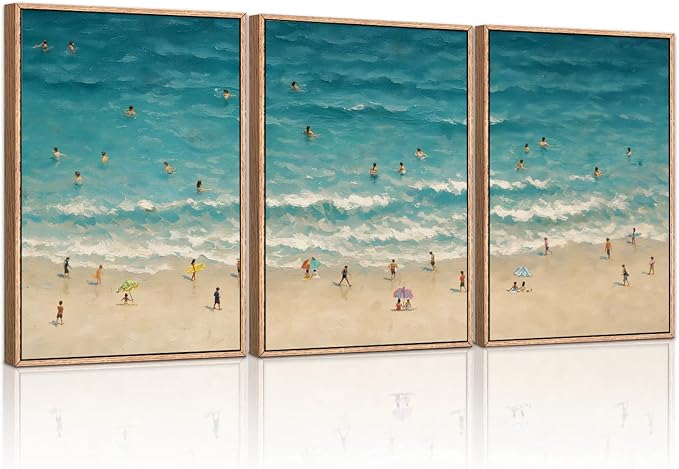 HLNIUC Summer Beach Canvas Wall Art,Modern Minimalist Coastal Landscape Wall Decor Set of 3(16”x24”) Blue Abstract Ocean Painting, Summer Swimming in the Sea Art Print for Living Room,Bathroom