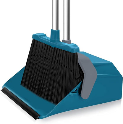 Broom with Dustpan Combo Set, Large Size Dust Pan Set with 51'' Long Handle, Stand Up Broom and Dustpan Suitable for Home Kitchen Lobby Office Pet Hair - Dark Blue