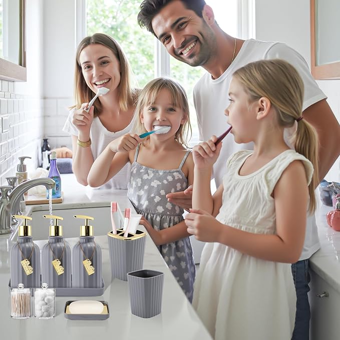 32PCS Bathroom Sets with Shower Curtain and Rugs-Grey Bathroom Accessories,Non Slip Bathroom Rugs Set with Toilet Lid Cover, Waterproof Shower Curtain, 3PC Soap Dispenser with Trash Can