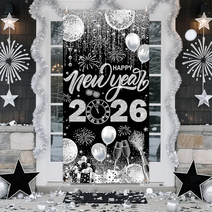 2026 Happy New Year Door Cover Banner Black and Sliver Photography Background New Years Eve Party Decoration Backdrop Holiday Party Hanging Poster Background Banner 35.4x70.8inch