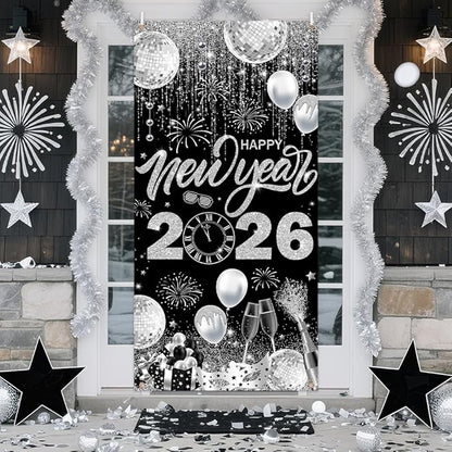 2026 Happy New Year Door Cover Banner Black and Sliver Photography Background New Years Eve Party Decoration Backdrop Holiday Party Hanging Poster Background Banner 35.4x70.8inch