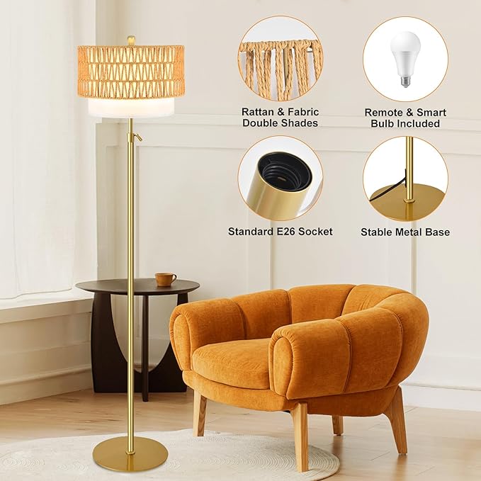 Gold Floor Lamps for Living Room Boho Floor Lamp with Rattan & Fabric Shade, Modern Adjustable Height Standing Lamp Vintage Tall Floor Lamp for Bedroom Living Room Reading Corner (Bulb Included)